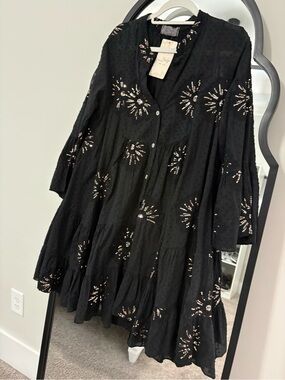 Black Embellished Tiered Midi Dress with Sequin Accents